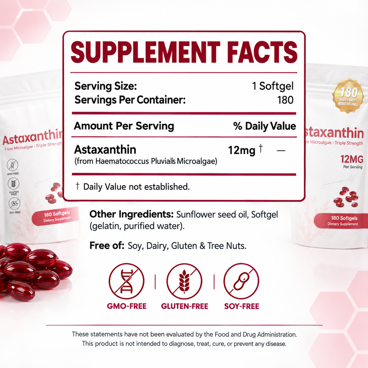 Orvelia Astaxanthin key benefits and third-party testing certifications graphic