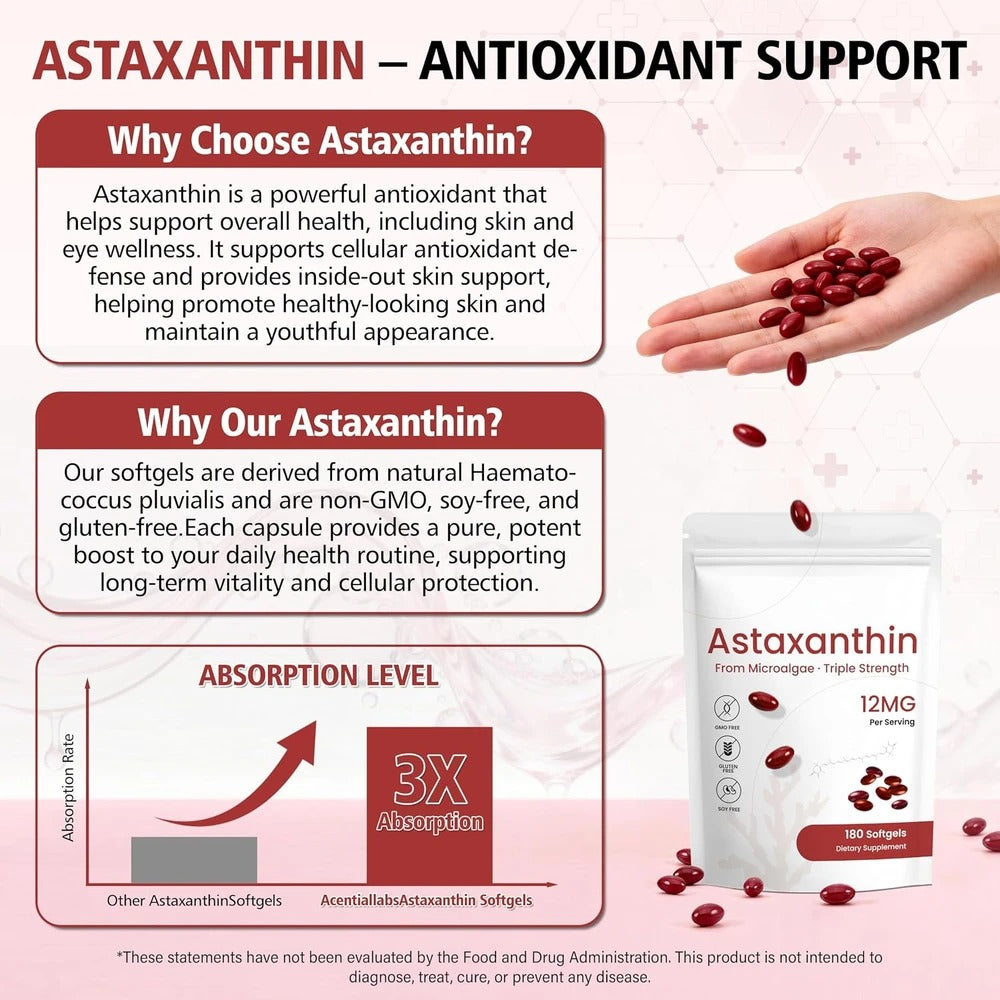 Orvelia Astaxanthin 12mg — Triple-Strength Antioxidant Softgels, 180 Count